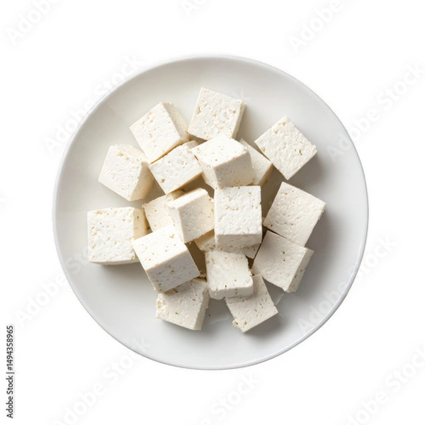 Fototapeta Cubed tofu pieces are neatly arranged on a white plate, creating a visually appealing presentation of this protein-rich and versatile food ingredient.