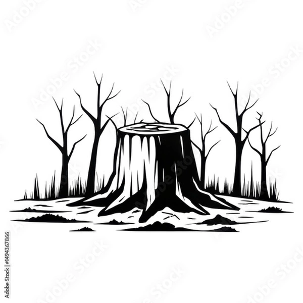 Obraz A large tree stump surrounded by bare trees and rough ground.