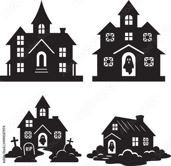 Obraz Haunted House Silhouette Vector Illustration with Ghosts and Graveyard Elements for Halloween