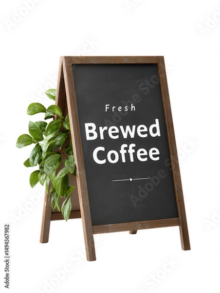 Obraz An inviting chalkboard sign advertising fresh brewed coffee is displayed next to a potted plant against a crisp white background, creating a warm, caffeinated welcome.