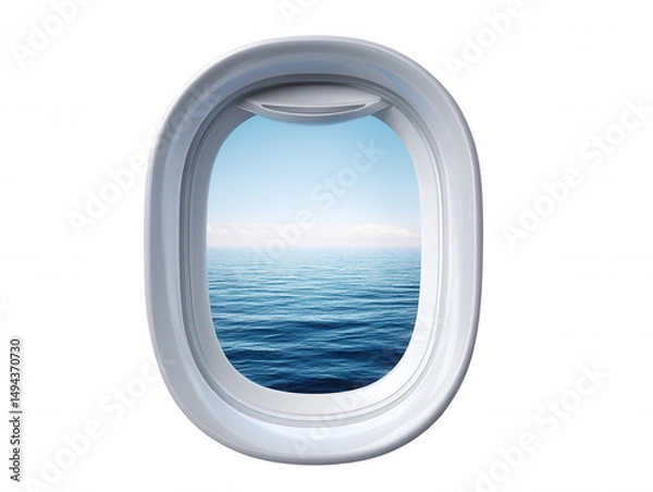 Fototapeta From an airplane window a mesmerizing view of the serene ocean with gentle ripples extends to the horizon under a clear, tranquil blue sky on a bright day.