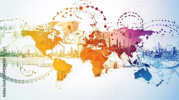 Fototapeta Global Connectivity and Urbanization, A Colorful Abstract World Map