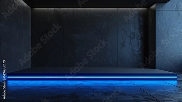 Fototapeta a futuristic blue illuminated podium stage, ideal for presentations or product displays
