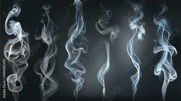 Fototapeta elegant swirls of smoke floating gracefully in the air, creating a sense of movement and ethereal beauty. The smoke trails exhibit a range of shapes and forms against a dark background