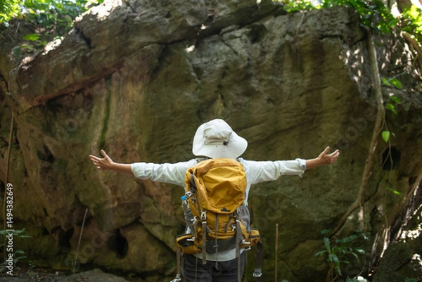 Fototapeta Older trekking adventure carries backpacks poles enjoying nature expression looks into the distance observing and possibly guide trekking and trail ecotourism adventure concept.