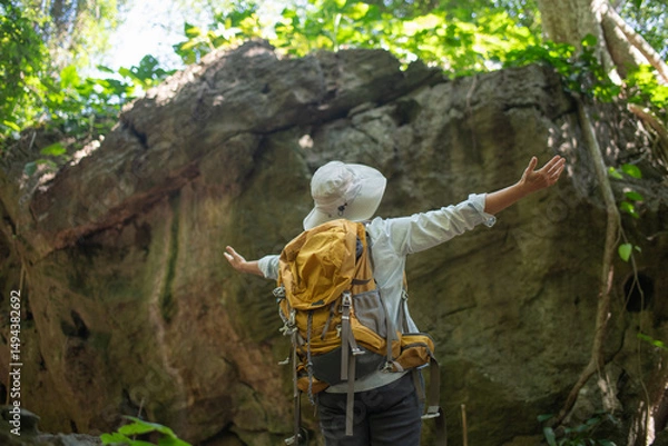 Fototapeta Older trekking adventure carries backpacks poles enjoying nature expression looks into the distance observing and possibly guide trekking and trail ecotourism adventure concept.