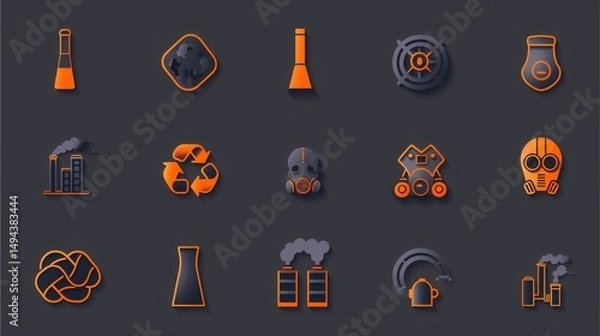 Fototapeta An industrial illustration set of pollution icons, depicting environmental hazards, recycling and industrial waste