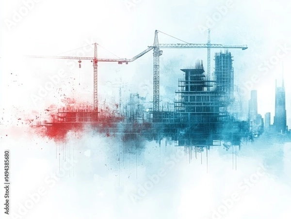 Obraz A building under construction with cranes forming a graph shape, symbolizing growth, close up, realistic, overlay, urban skyline backdrop