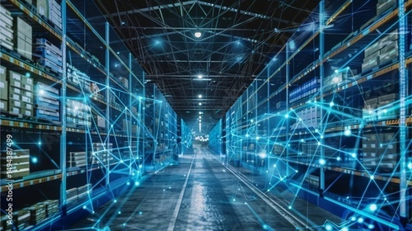 Fototapeta Smart warehouse with digital network overlay