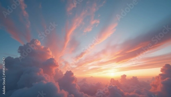 Obraz Pink pastel sky above fluffy clouds at serene sunset: aerial view of dreamlike cloudscape.