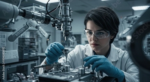 Fototapeta Focused scientist working with advanced machinery in a lab