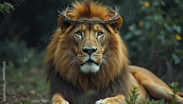 Fototapeta Majestic Lion with Crown of Thorns: A Powerful Symbol of Strength and Sacrifice in a Verdant Setting