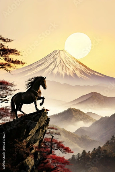 Fototapeta 富士山と絶壁に立つ馬,Generative AI,AI画像