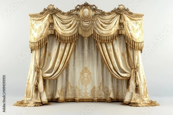 Fototapeta Opulent, cream and gold window treatment with elaborate valance, tassels, and damask pattern, presented against a neutral backdrop