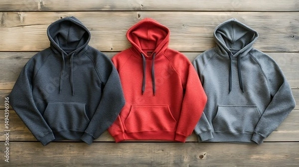 Fototapeta Three Hoodies Displayed on a Wooden Surface