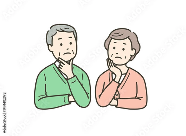 Obraz 高齢男女の夫婦が悩んでいる上半身イラスト