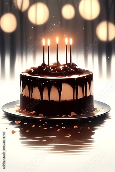 Obraz Chocolate cake with candles on a reflective surface.