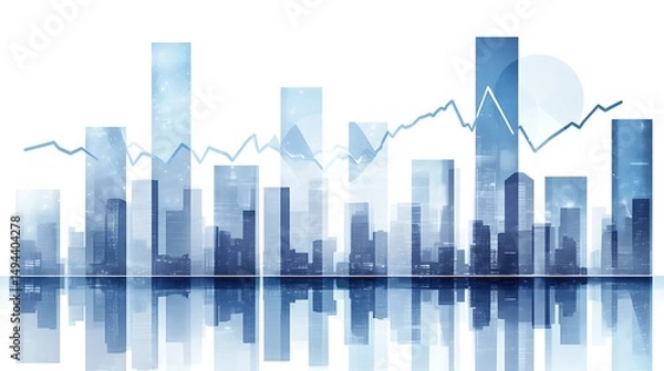Obraz Cityscape skyline with superimposed financial graph reflecting in water.