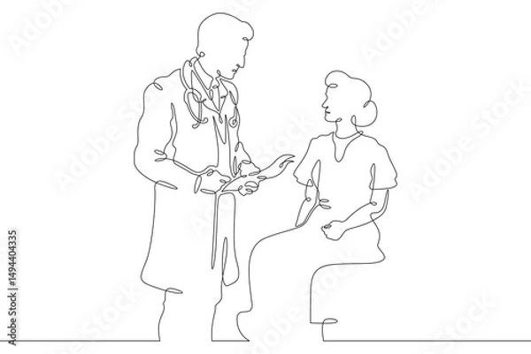 Fototapeta Continuous one line drawing doctor with a patient. The attending physician shows the sick patient documents. The doctor is a man and a woman.One continuous line isolated minimal illustration.Not AI.
