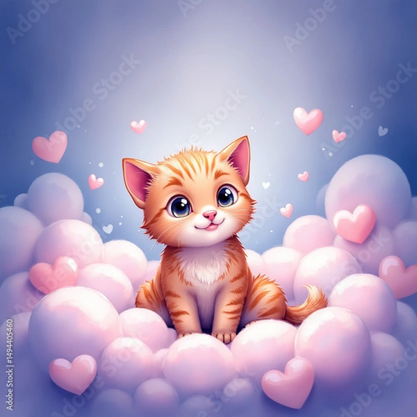 Fototapeta Adorable Cartoon Kitten With Hearts in a Whimsical Cloudy Background