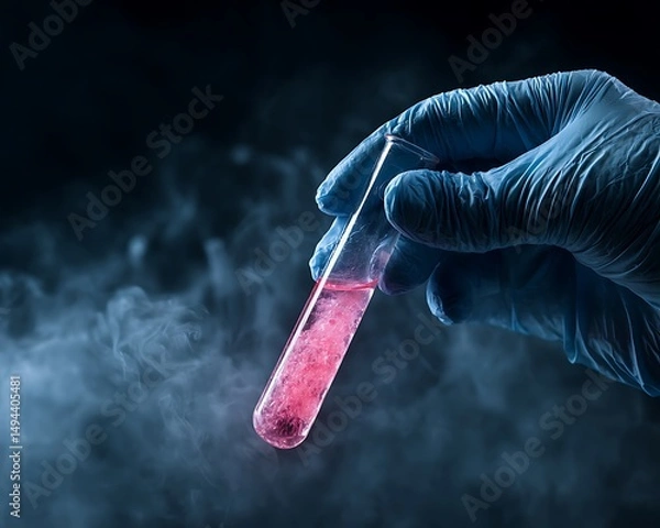 Fototapeta hand in blue glove holding test tube filled with pink glowing chemical, misty dark background, mysterious atmosphere, blank space on background for text overlay,