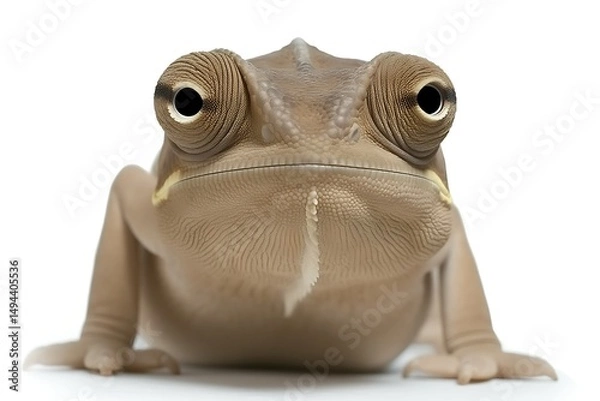 Obraz Close-up of a chameleon facing forward against a white background.