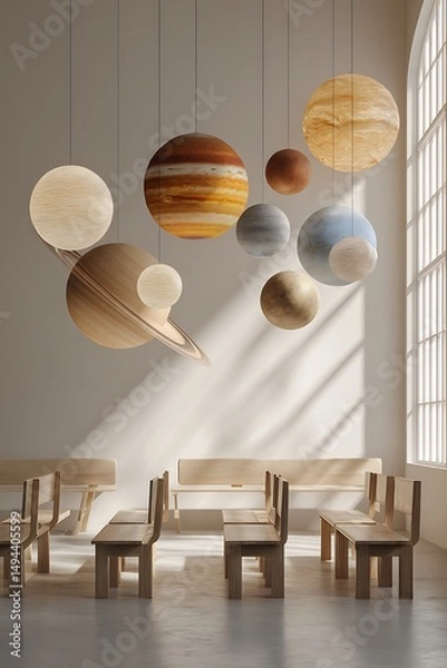Fototapeta minimal solar system hanging from ceiling, casting soft shadows on classroom walls, clean and airy interior, blank space on background for text overlay,