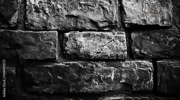 Obraz Dark Gray Stone Wall Texture Background Rough Aged Brickwork Pattern Design old rock black white image block heavy solid