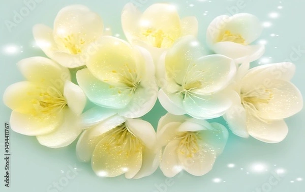 Obraz Close-up of seven delicate, creamy white flowers with soft, glowing light.