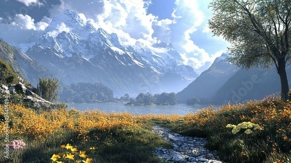 Obraz Serene Mountain Lake Landscape Stunning View Breathtaking Scenery Picturesque Nature Spring Flowers Tranquil Peaceful   