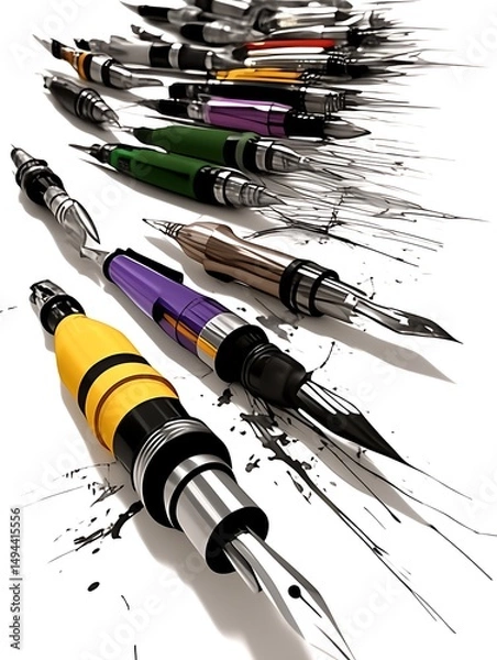 Obraz Colorful fountain pens scattered on white background with ink splatters.