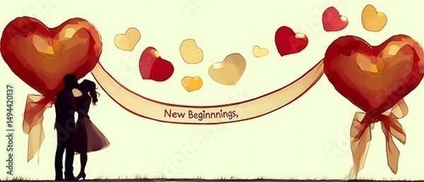 Obraz Couple embracing under giant hearts, new beginnings.
