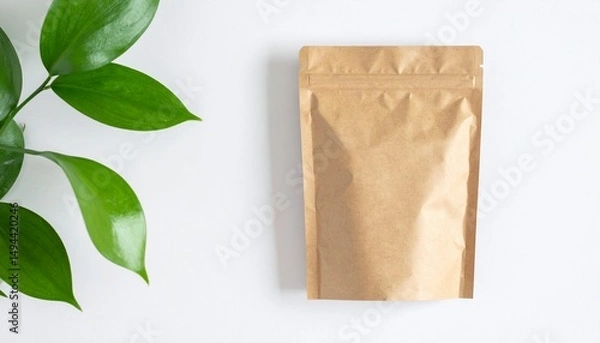 Fototapeta Custom AI Model EcoFriendly Kraft Paper Pouch Packaging with Green Leaves