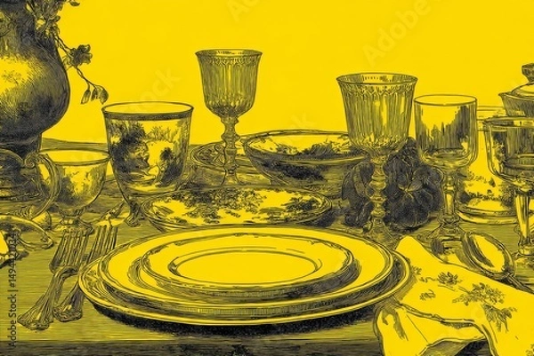Fototapeta Vintage Table Setting with Elegant Dinnerware and Glassware on Bright Yellow Background for Stylish Dining Decor