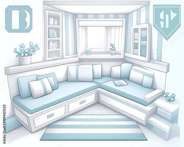Obraz Cozy corner window seat with built-in storage and light blue cushions.