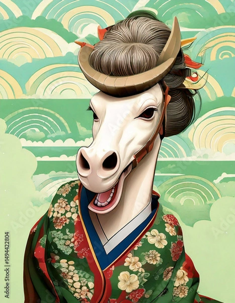 Fototapeta 芸者の姿をした愉快な馬,Generative AI,AI画像