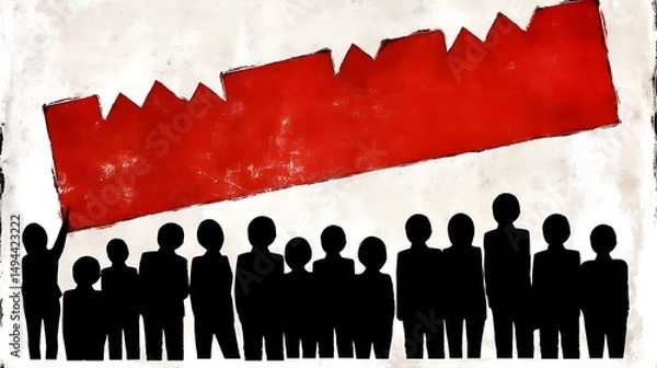 Obraz Crowd lifting heavy red banner.