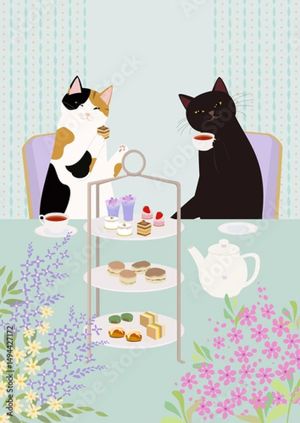 Obraz 高級ホテルでアフタヌーンティーを楽しむ三毛猫と黒猫