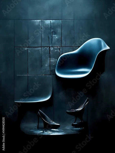Obraz Dark moody scene with chair and shoes.