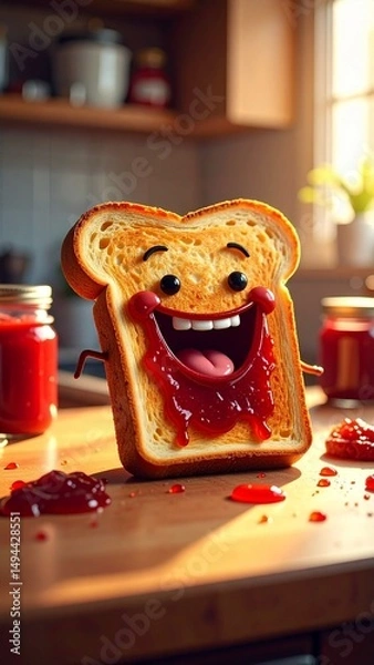 Fototapeta Custom AI Model Happy Toast, Kitchen Scene, Jam, Bread, Cartoon, Delightful Breakfast, Sweet Treat, Red Fruit Spread