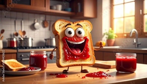 Fototapeta Custom AI Model Happy Toast, Kitchen Scene, Jam, Bread, Cartoon, Delightful Breakfast, Sweet Treat, Red Fruit Spread