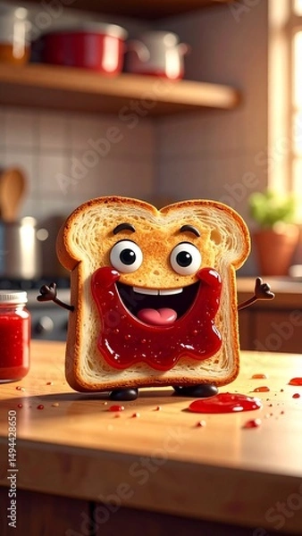 Fototapeta Custom AI Model Happy Toast, Kitchen Scene, Jam, Bread, Cartoon, Delightful Breakfast, Sweet Treat, Red Fruit Spread