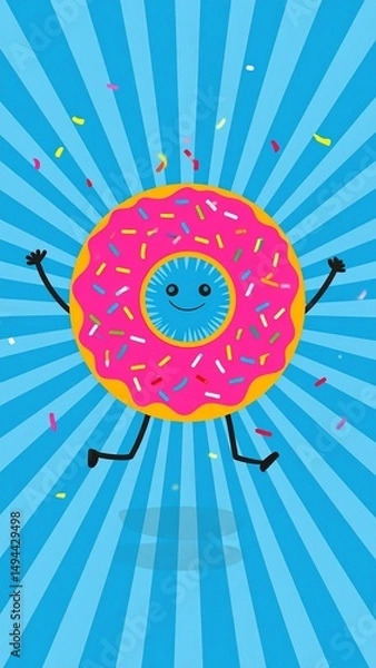 Fototapeta Custom AI Model Happy Pink Donut Cartoon Character Sprinkles Joyful Celebration