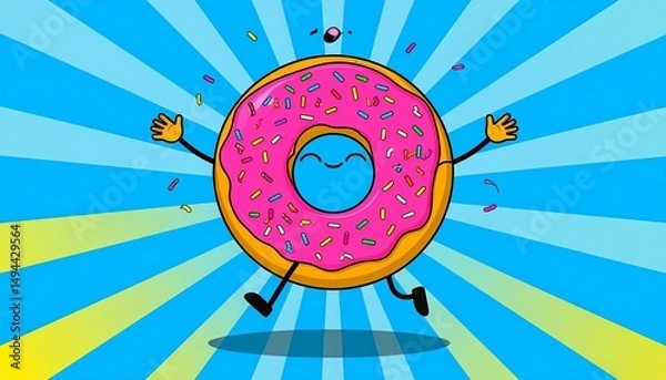 Fototapeta Custom AI Model Happy Pink Donut Cartoon Character Sprinkles Joyful Celebration