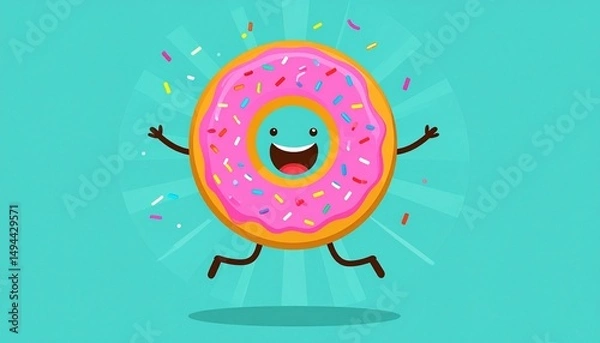 Fototapeta Custom AI Model Happy Pink Donut Cartoon Character Sprinkles Joyful Celebration