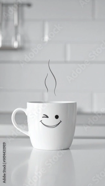 Fototapeta Custom AI Model  Happy Smiling Mug Steaming Hot Coffee Kitchen Morning Joy
