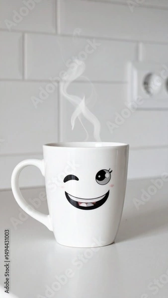 Fototapeta Custom AI Model  Happy Smiling Mug Steaming Hot Coffee Kitchen Morning Joy