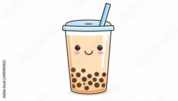 Fototapeta Custom AI Model Adorable Cartoon Boba Tea Drink with Straw and Lid