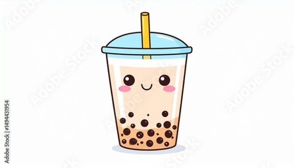 Fototapeta Custom AI Model Adorable Cartoon Boba Tea Drink with Straw and Lid