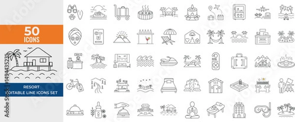 Fototapeta Resort Line Icon Set – Travel, Tourism, Hotel Services, Beach, Wellness, Vacation & Landscape – Editable Vector icon Illustrations